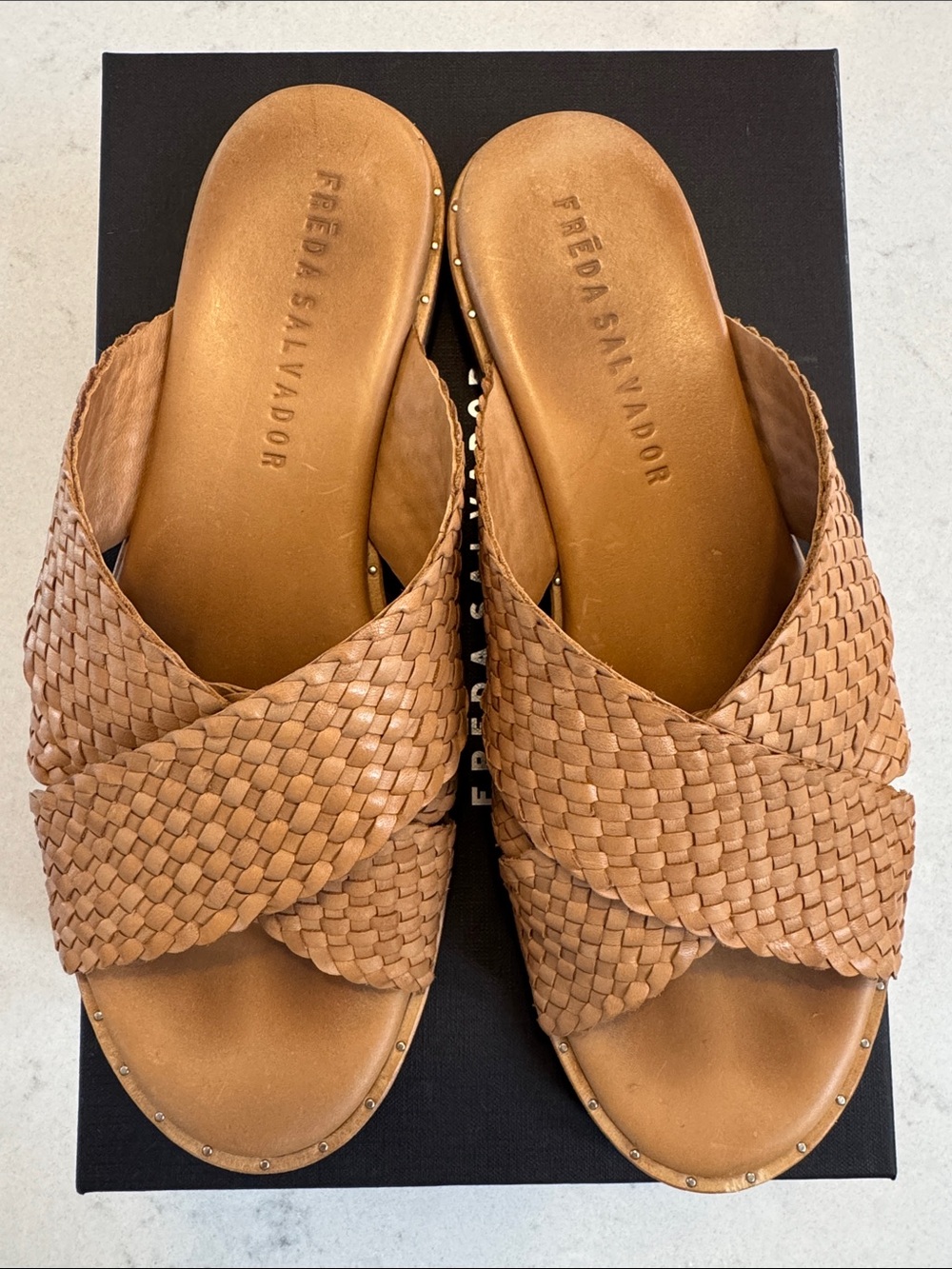 Freda Salvador Dew Woven Leather Cross Strap Slide Sandals in Tan